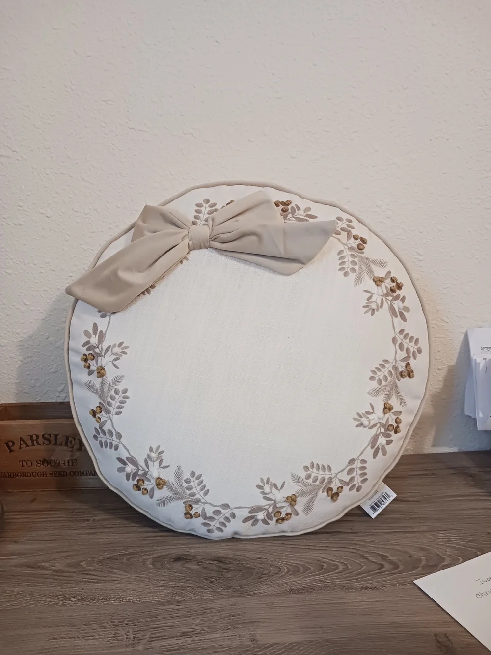 Beige Embroidered Round Holiday Pillow with Decorative Bow 16